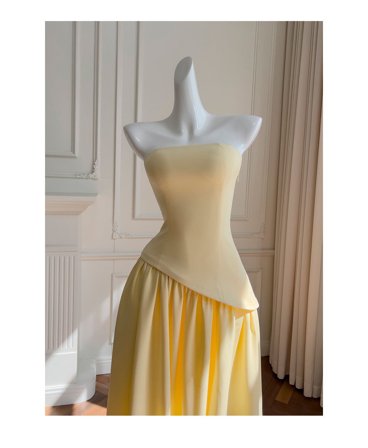 Einfaches A-Linien-trägerloses gelbes Chiffon-langes Ballkleid Partykleid 20. Geburtstags-Outfits Abschlusskleider DH217
