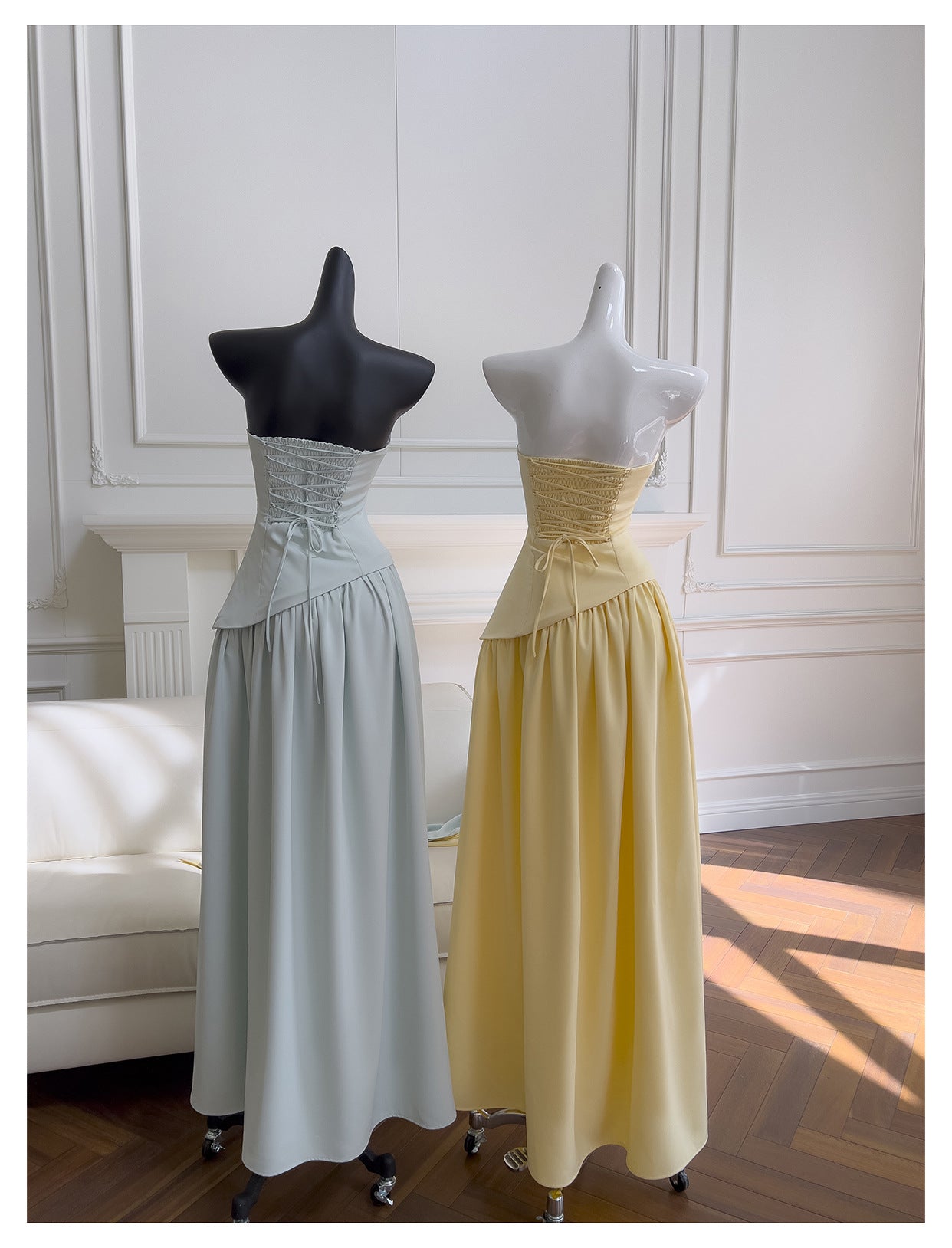 Einfaches A-Linien-trägerloses gelbes Chiffon-langes Ballkleid Partykleid 20. Geburtstags-Outfits Abschlusskleider DH217