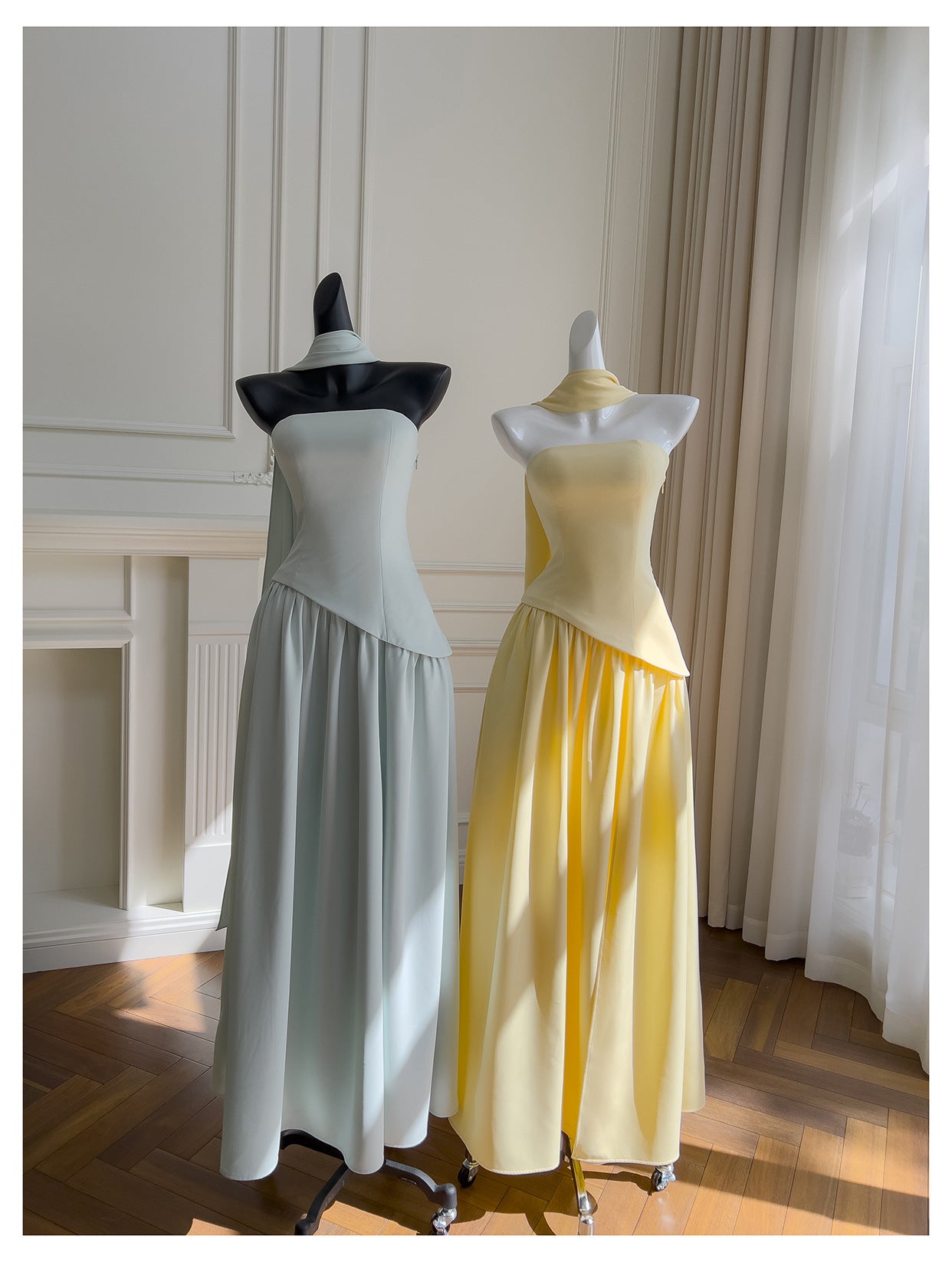 Einfaches A-Linien-trägerloses gelbes Chiffon-langes Ballkleid Partykleid 20. Geburtstags-Outfits Abschlusskleider DH217