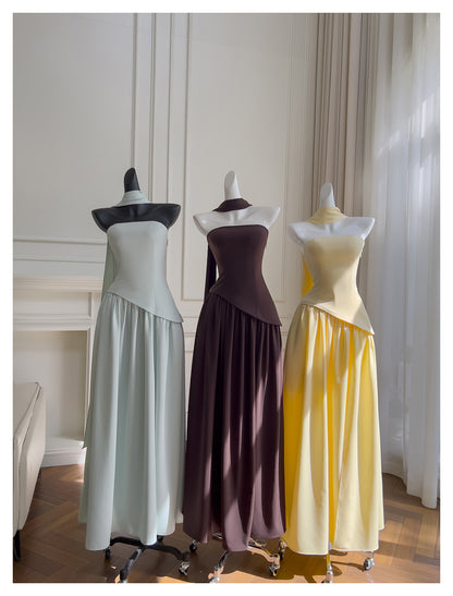 Einfaches A-Linien-trägerloses gelbes Chiffon-langes Ballkleid Partykleid 20. Geburtstags-Outfits Abschlusskleider DH217