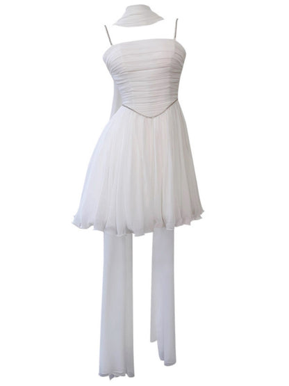 Aesthetic A line Spaghetti Straps White Chiffon Formal Mini Homecoming Dress Middle School Short 19th Birthday Outfits Graduation Dress Hoco Dresses DH2182