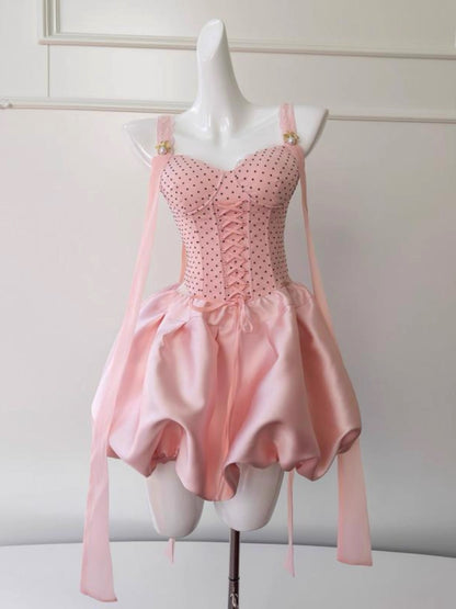 Pretty Ball Gown Straps Pink Satin Formal Homecoming Dress Middle School Short 21st Birthday Outfits Graduation Dress Mini Cocktail Dresses DH2183