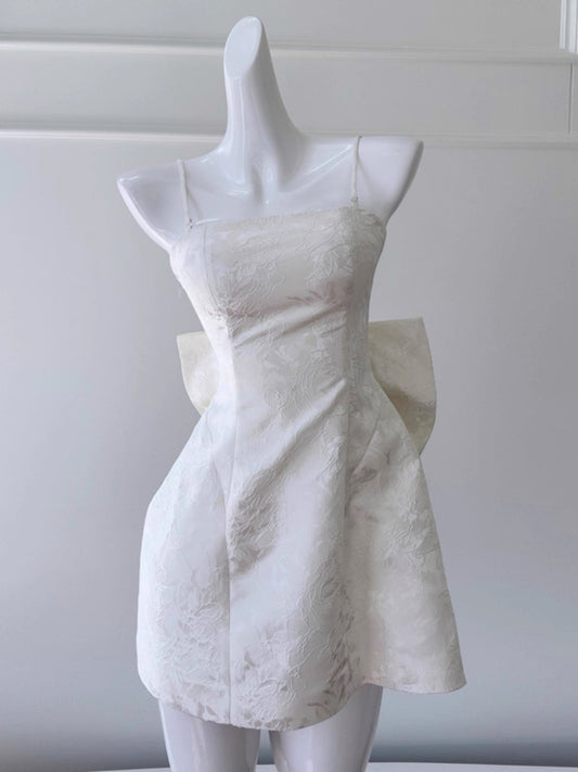 Aesthetic A line Spaghetti Straps White Floral Printed Pattern Formal Mini Homecoming Dress Short Cocktail Outfits Graduation Dress Hoco Dress DH2196