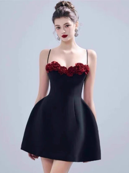 Aesthetic A Line Spaghetti Straps Black Satin Mini Formal Homecoming Dress Short Cocktail Outfits Graduation Dress Hoco Dress DH2203