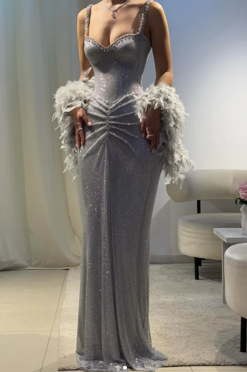 Sexy Mermaid Straps Silver Sequin Long Prom Dresses Party Dress 20th Birthday Outfits Graduation Dresses DH2217