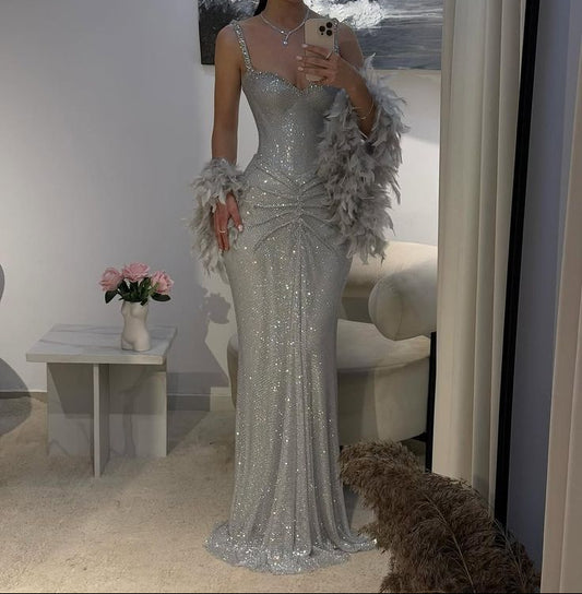 Sexy Mermaid Straps Silver Sequin Long Prom Dresses Party Dress 20th Birthday Outfits Graduation Dresses DH2217