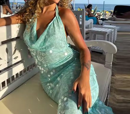 Elegante Meerjungfrau Neckholder Hellgrün Pailletten Lange Ballkleider Partykleid 21. Geburtstag Outfits Abschlusskleider DH2265