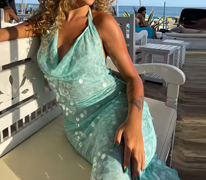 Elegante Meerjungfrau Neckholder Hellgrün Pailletten Lange Ballkleider Partykleid 21. Geburtstag Outfits Abschlusskleider DH2265