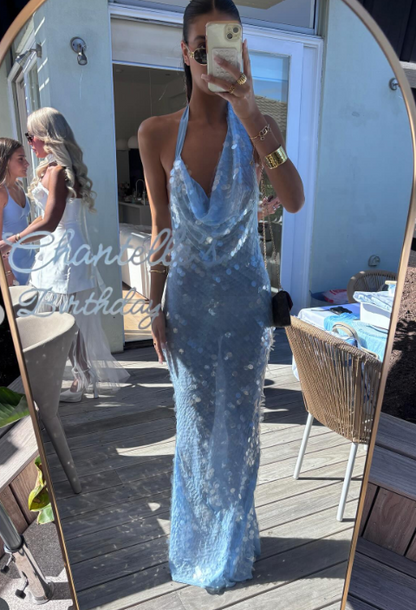 Elegante Meerjungfrau Neckholder Hellgrün Pailletten Lange Ballkleider Partykleid 21. Geburtstag Outfits Abschlusskleider DH2265