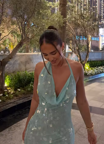 Elegante Meerjungfrau Neckholder Hellgrün Pailletten Lange Ballkleider Partykleid 21. Geburtstag Outfits Abschlusskleider DH2265