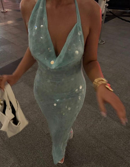 Elegante Meerjungfrau Neckholder Hellgrün Pailletten Lange Ballkleider Partykleid 21. Geburtstag Outfits Abschlusskleider DH2265