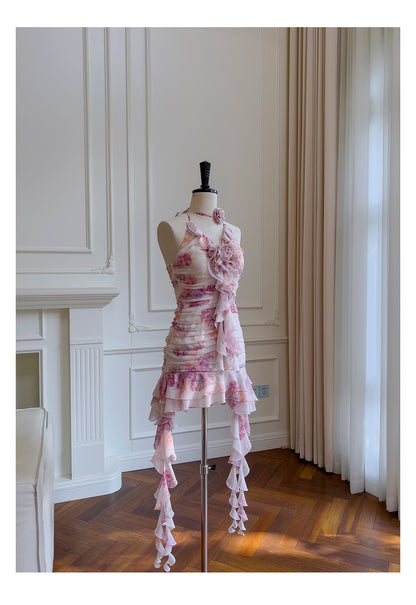 Pretty Sheath Halter Pink Floral Chiffon Short Formal Homecoming Dresses Middle School Short 21st Birthday Outfits Graduation Dress Mini Cocktail Dresses DH2289
