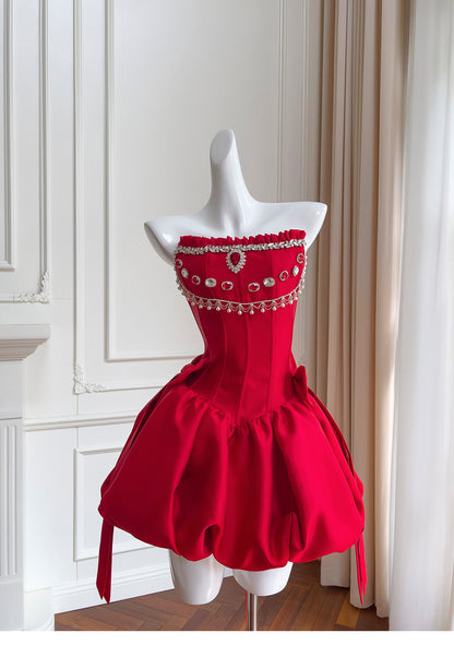 Modest Ball Gown Spaghetti Straps Satin Red Short Formal Homecoming Dress Middle School Short 20th Birthday Outfits Graduation Dress Cocktail Dresses DH2293
