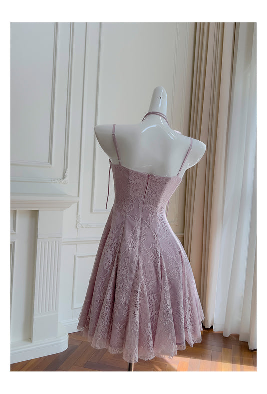 Pretty A Line Spaghetti Straps Pink Lace Short Formal Homecoming Dresses Middle School Short 21st Birthday Outfits Graduation Dress Mini Cocktail Dresses DH2302