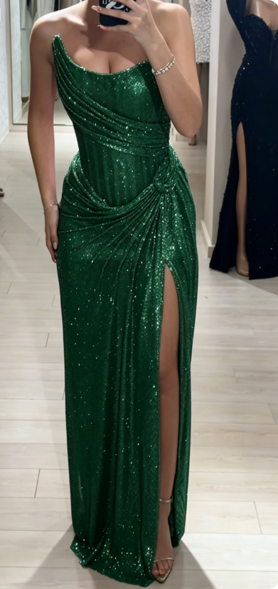 Elegant Sheath Strapless Pink Sequin Slit Long Prom Dresses Party Dress 22th Birthday Outfits Graduation Dresses DH2314