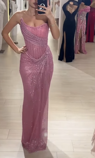 Elegant Sheath Strapless Pink Sequin Slit Long Prom Dresses Party Dress 22th Birthday Outfits Graduation Dresses DH2314
