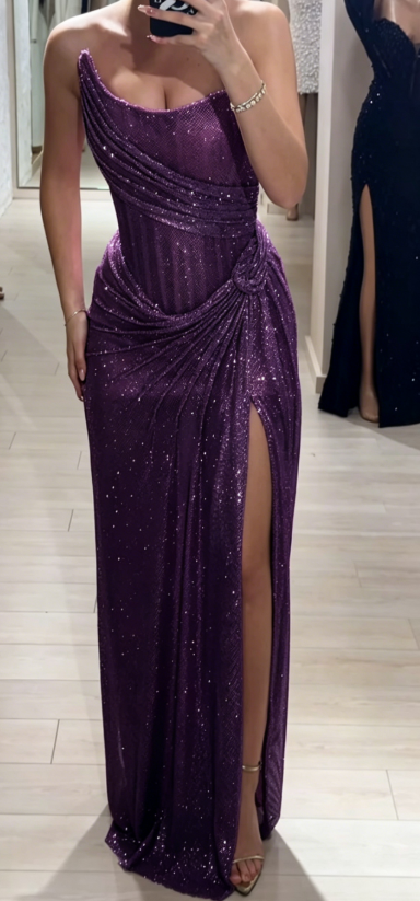 Elegant Sheath Strapless Pink Sequin Slit Long Prom Dresses Party Dress 22th Birthday Outfits Graduation Dresses DH2314