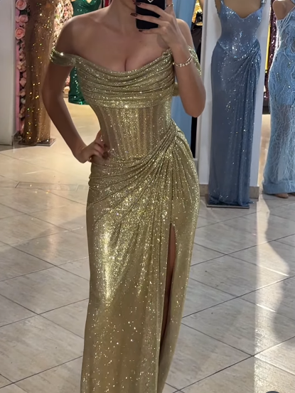 Sparkly Mermaid Off The Shoulder Blaue Pailletten Langer Schlitz Abendkleider Abendkleid Besondere Abendkleider Ballkleid DH2318