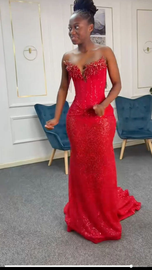Sexy Meerjungfrau Schatz Rote Pailletten Schwarzes Mädchen Lange Ballkleider Partykleid 18. Geburtstag Outfits Abschlusskleider DH2332