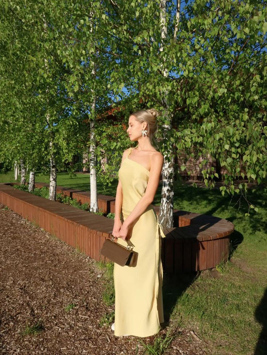 Classy Mermaid One Shoulder Yellow Formal Long Prom Gown Summer Wedding Guest Dress Bridal Guest Dresses Wedding Outfits For Guest DH2343