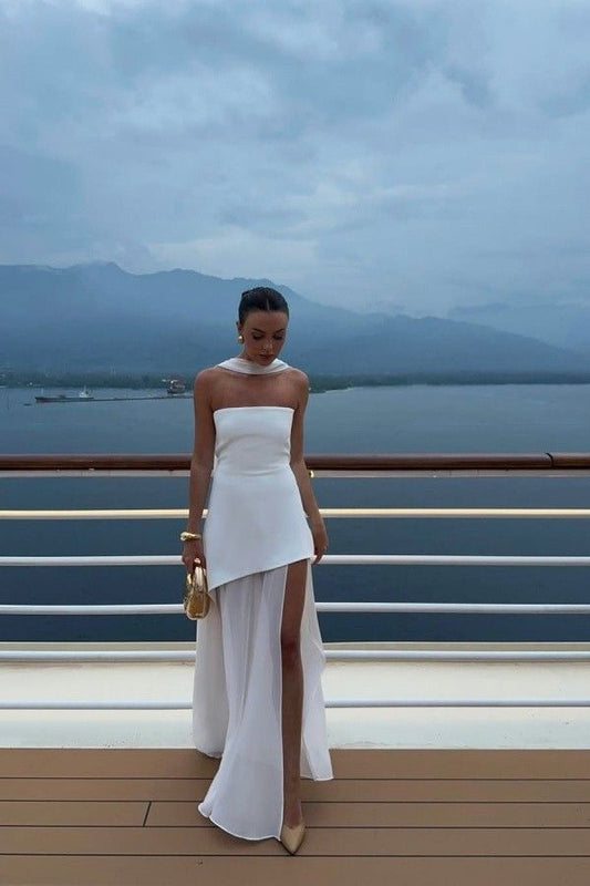 Classy Mermaid Strapless White Chiffon Formal Long Prom Gown Summer Wedding Guest Dress Bridal Guest Dresses Wedding Outfits For Guest DH2348
