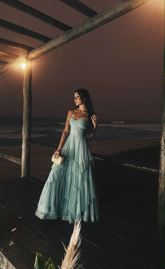 Classy A line Sweetheart Light Sky Blue Long Tulle Formal Prom Gown Summer Wedding Guest Dress Bridal Guest Dresses Wedding Outfits For Guest DH2360