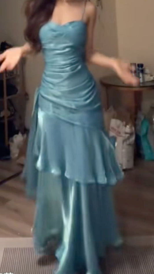 Elegant Mermaid Spaghetti Straps Blue Satin Long Prom Dresses Party Dress 21st Birthday Outfits Graduation Dresses DH2398