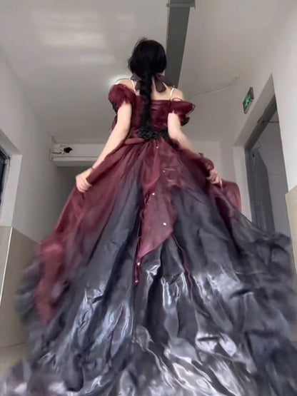 Vintage Ball Gown Off The Shoulder Half Sleeves 21st Birthday Dress Lolita Dress Burgundy Birthday Outfits DH2419