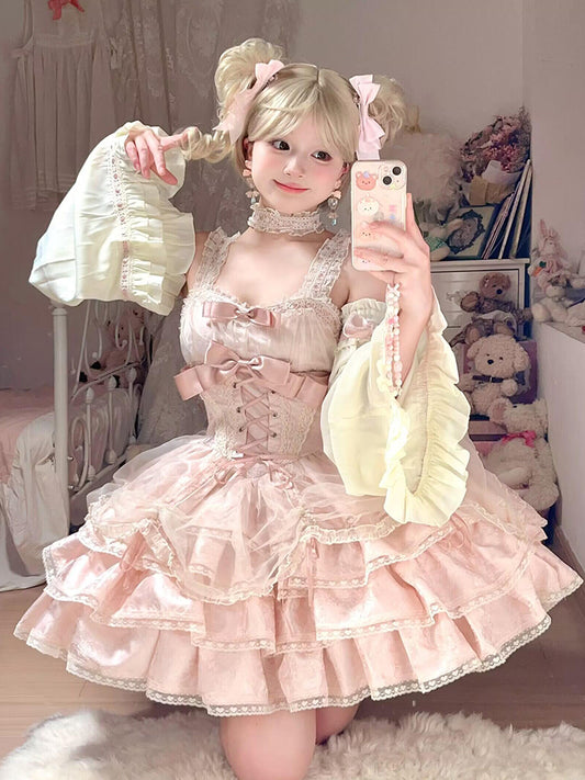 Vintage Ball Gown Square Neck Pink Lace Summer 18th Birthday Dress Lolita Dress Mini 18th Birthday Outfits Short Lolita Outfit DH2434