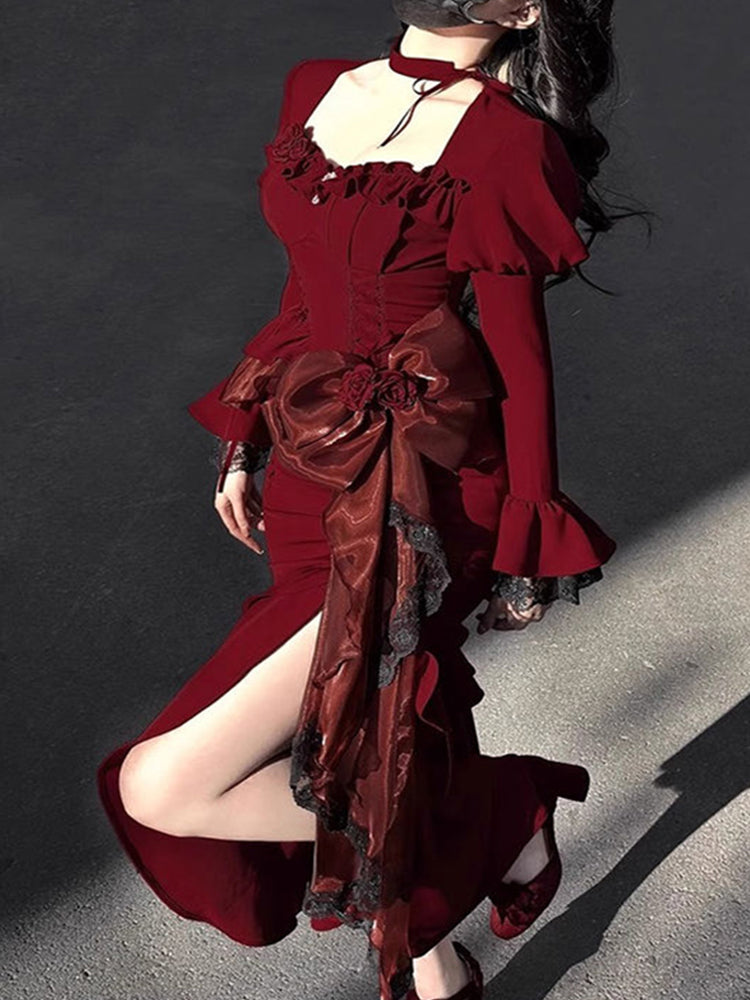 Vintage Mermaid Square Neck Burgundy Satin Long Summer 18th Birthday Dress Lolita Dress 18th Birthday Outfits Lolita Outfit DH2440