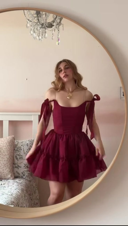 Pretty Ball Gown Square Neck Burgundy Chiffon Formal Homecoming Dresses 21st Birthday Outfits Graduation Dress Short Mini Cocktail Dresses DH2452