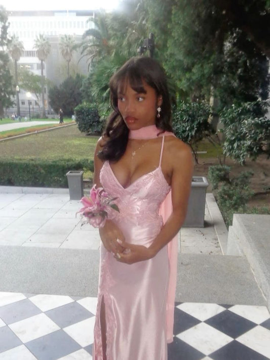 Elegantes Etuikleid mit Spaghettiträgern, rosa Satin, lange Ballkleider, Partykleid, 21. Geburtstags-Outfits, Abschlusskleider DH2453