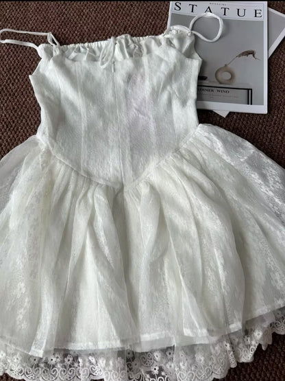 Cute A Line Spaghetti Straps White Lace Formal Homecoming Dresses Short 16th Birthday Outfits Graduation Dress Mini Cocktail Dresses DH2454