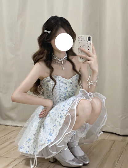 Modest A line Sweetheart Floral Blue Short Formal Homecoming Dress Middle School Short 18th Birthday Outfits Graduation Dress Cocktail Dresses DH2461