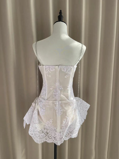 Pretty A line Spaghetti Straps White Lace Formal Homecoming Dresses Short 16th Birthday Outfits Graduation Dress Mini Cocktail Dresses DH2464