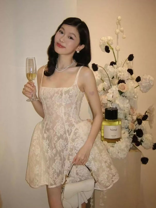Pretty A line Square Neck White Lace Formal Homecoming Dresses Short 16th Birthday Outfits Graduation Dress Mini Cocktail Dresses DH2473