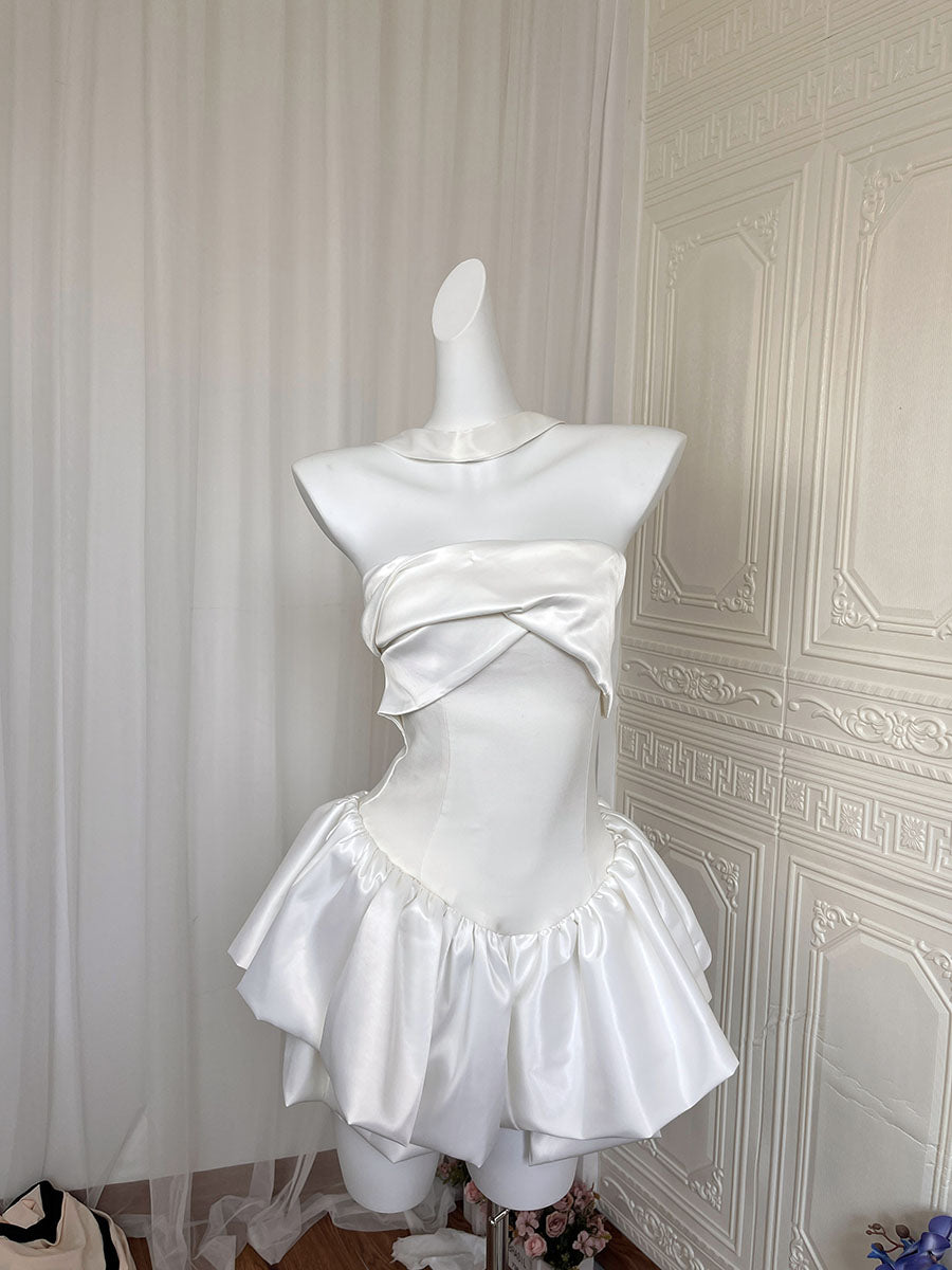 Pretty A Line Strapless White Satin Formal Homecoming Dresses 21st Birthday Outfits Graduation Dress Short Mini Night Cocktail Dresses DH2480
