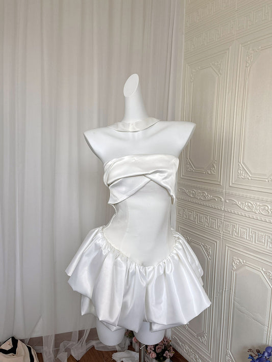 Pretty A Line Strapless White Satin Formal Homecoming Dresses 21st Birthday Outfits Graduation Dress Short Mini Night Cocktail Dresses DH2480