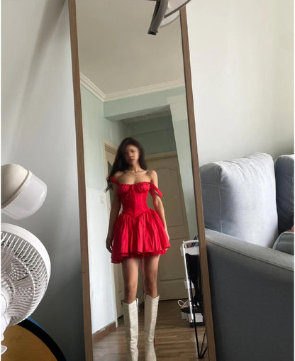 Cute A line Square Neck Red Lace Homecoming Dress Summer Hoco Dresses Short Night Cocktail Dress DH2545