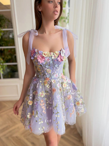 Cute A Line Spaghetti Straps Lilac Tulle Lace Formal Homecoming Dresses 18th Birthday Outfits Graduation Dress Short Mini Hoco Dresses DH2538