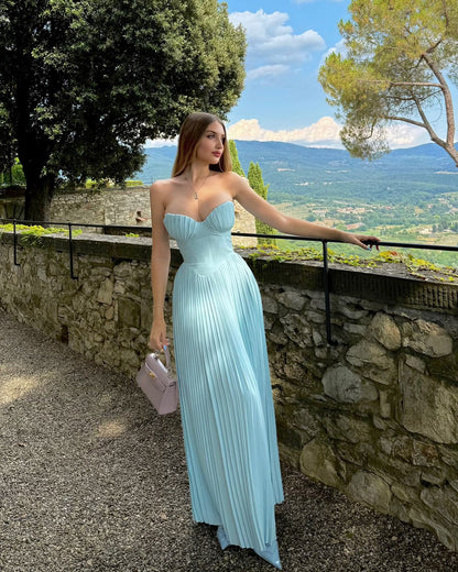 Elegante A-Linie Herzausschnitt Blau Chiffon Lange Ballkleider Partykleid 21. Geburtstag Outfits Abschlusskleider DH2549