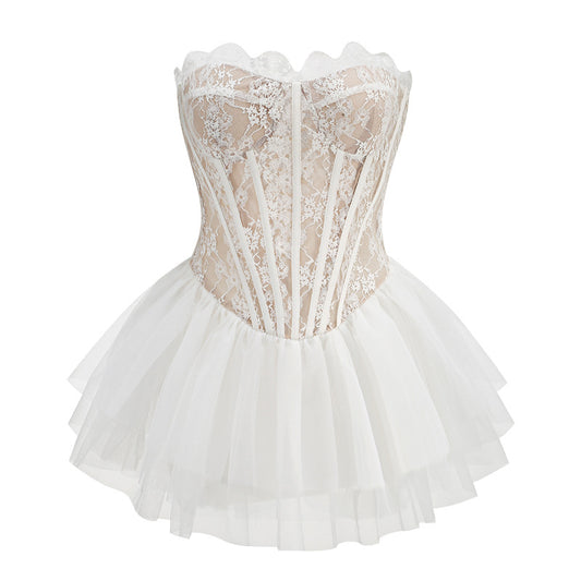 Sexy A line Strapless Lace White Formal Homecoming Dresses 18th Birthday Outfits Graduation Dress Short Mini Hoco Dresses DH2551