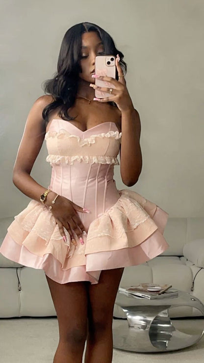 Modest Ball Gown Sweetheart Pink Satin Lace Short Formal 8th Grade Homecoming Dresses Middle School Cocktail Dress Hoco Outfits DH2589