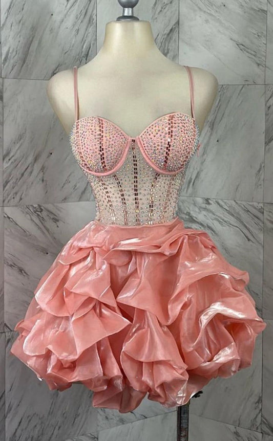 Modest Ball Gown Spaghetti Straps Blush Pink Organza Formal Homecoming Dresses 8th Grad Dance Graduation Dress Short Hoco Dresses DH2578