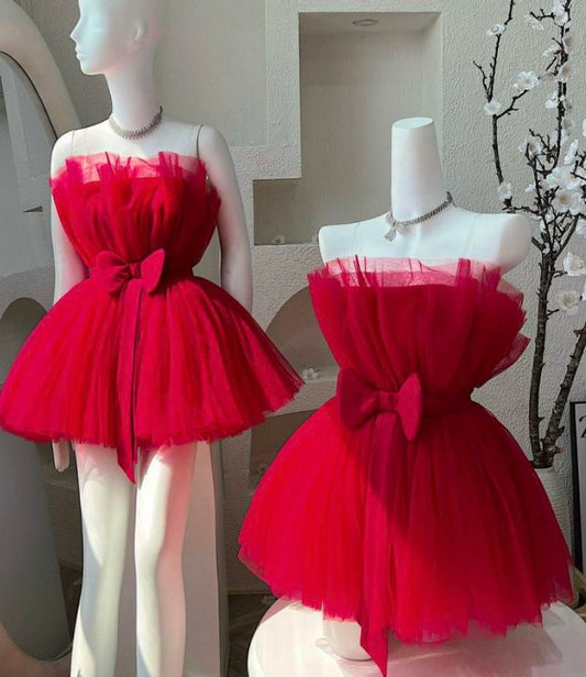 Cute Ball Gown Strapless Pink Tulle Short Formal 8th Grade Homecoming Dresses Middle School Cocktail Dress Hoco Outfits DH2619