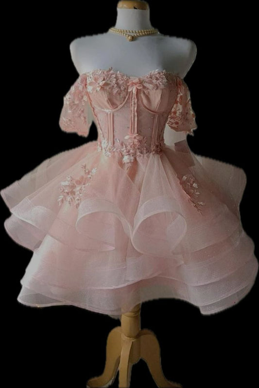 Robe de bal unique à épaules dénudées, en dentelle rose blush, robe de soirée formelle, robe de bal de fin d'études, robe courte Hoco DH2617