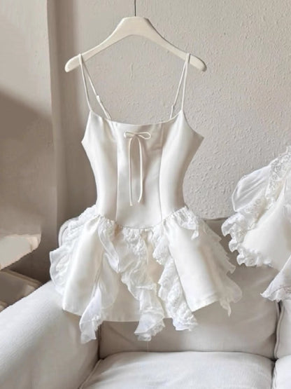 Cute A line Spaghetti Straps White Satin Formal Homecoming Dresses 8th Grad Dance Graduation Dress Short Hoco Dresses DH2622