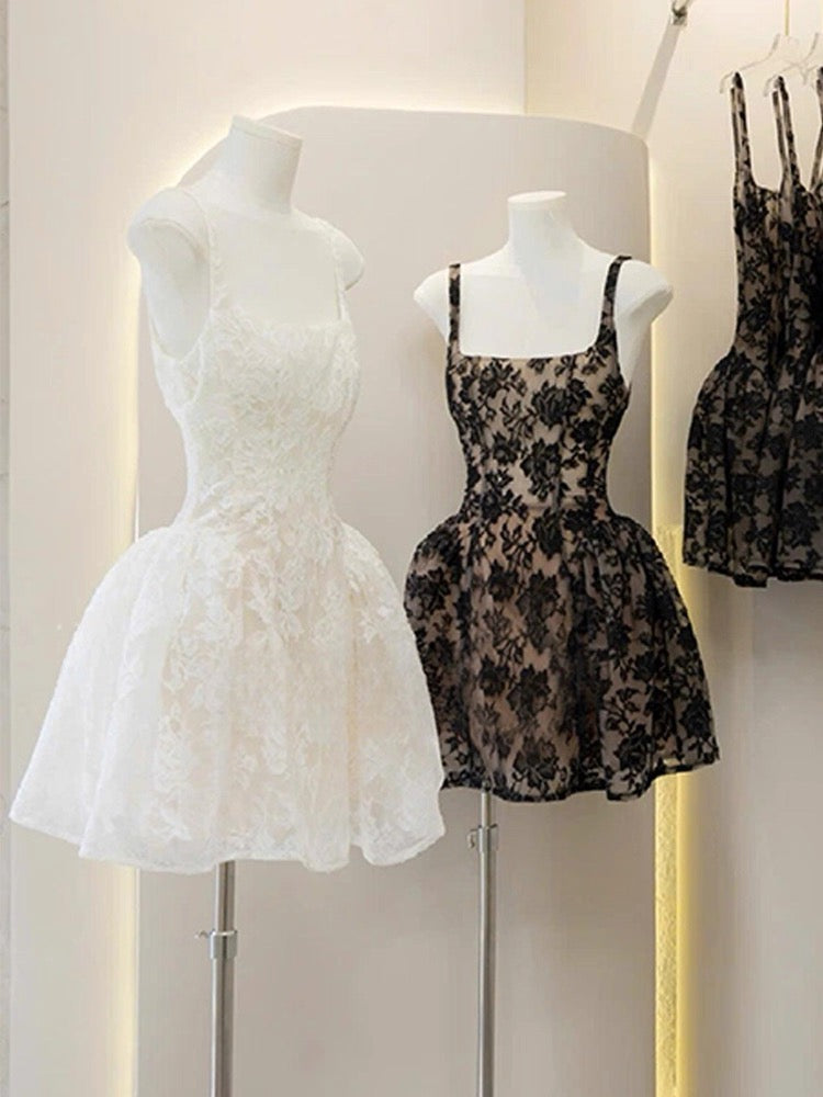 Cute Ball Gown Square Little Black Dress Lace Short Mini Formal 8th Grade Homecoming Dresses Middle School Cocktail Dress Hoco Outfits DH2638