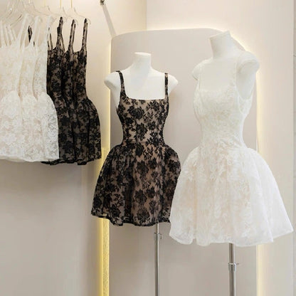 Cute Ball Gown Square Little Black Dress Lace Short Mini Formal 8th Grade Homecoming Dresses Middle School Cocktail Dress Hoco Outfits DH2638