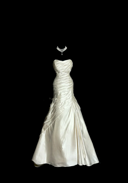 Retro Brautkleid Meerjungfrau Schatz Elfenbein Satin Langes Hochzeitskleid Retro Brautkleider Bescheidene Brautkleider DH2645